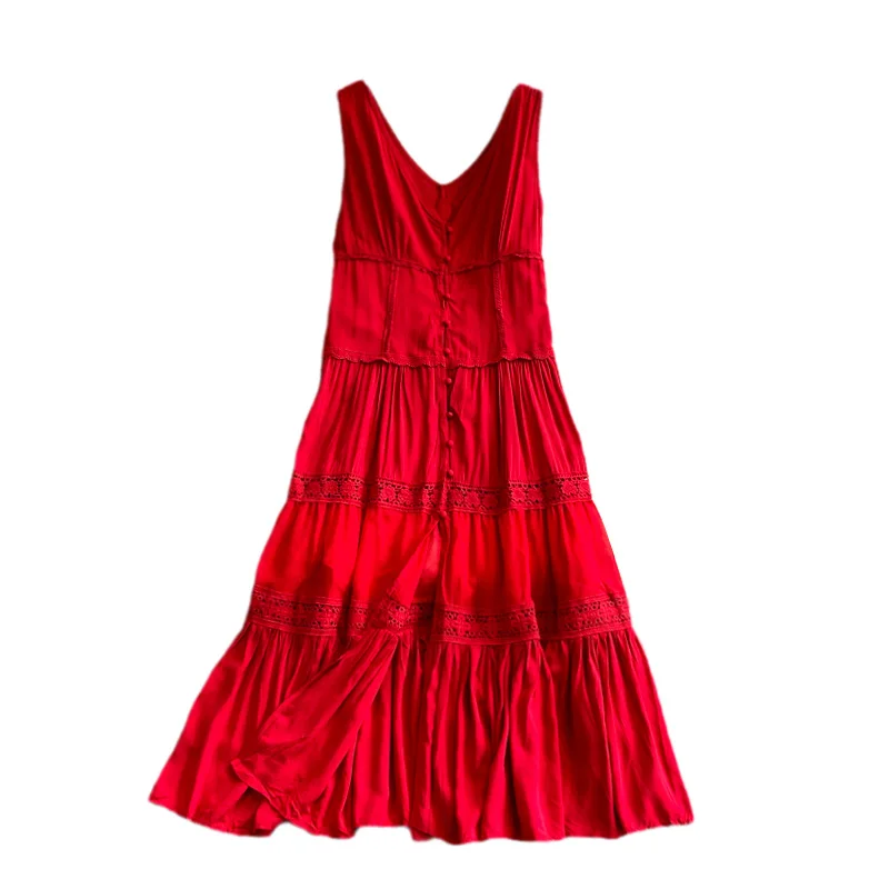 

Seaside Holiday V-neck Red Dress Girl Summer Lace Hook Flower Vest Dress Women National Holiday Beach Long Dress