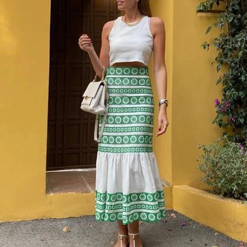 

Юбка-миди женская с высокой талией, длинная юбка-годе с цветочным принтом и оборками в богемном стиле