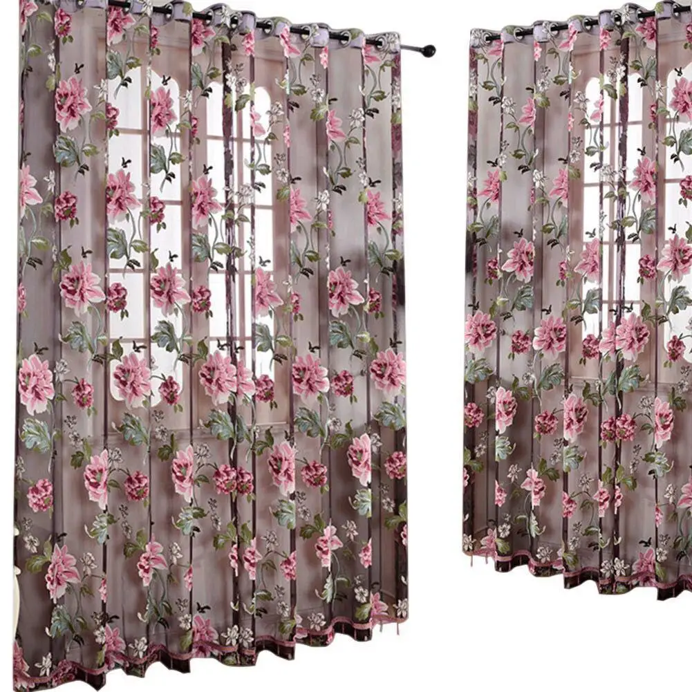 

Door Blinds Window Peony Printed Transparent Curtains for Living Room Bedroom Window Curtain Blinds Stitched with white Voile