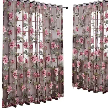 Door Blinds Window Peony Printed Transparent  Curtains for Living Room Bedroom Window Curtain Blinds Stitched with white Voile