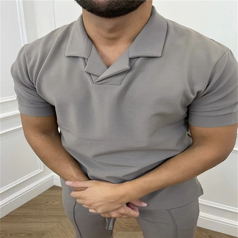 

Мужская приталенная Однотонная рубашка-поло, Повседневная рубашка-поло с коротким рукавом и отложным воротником, лето 2022