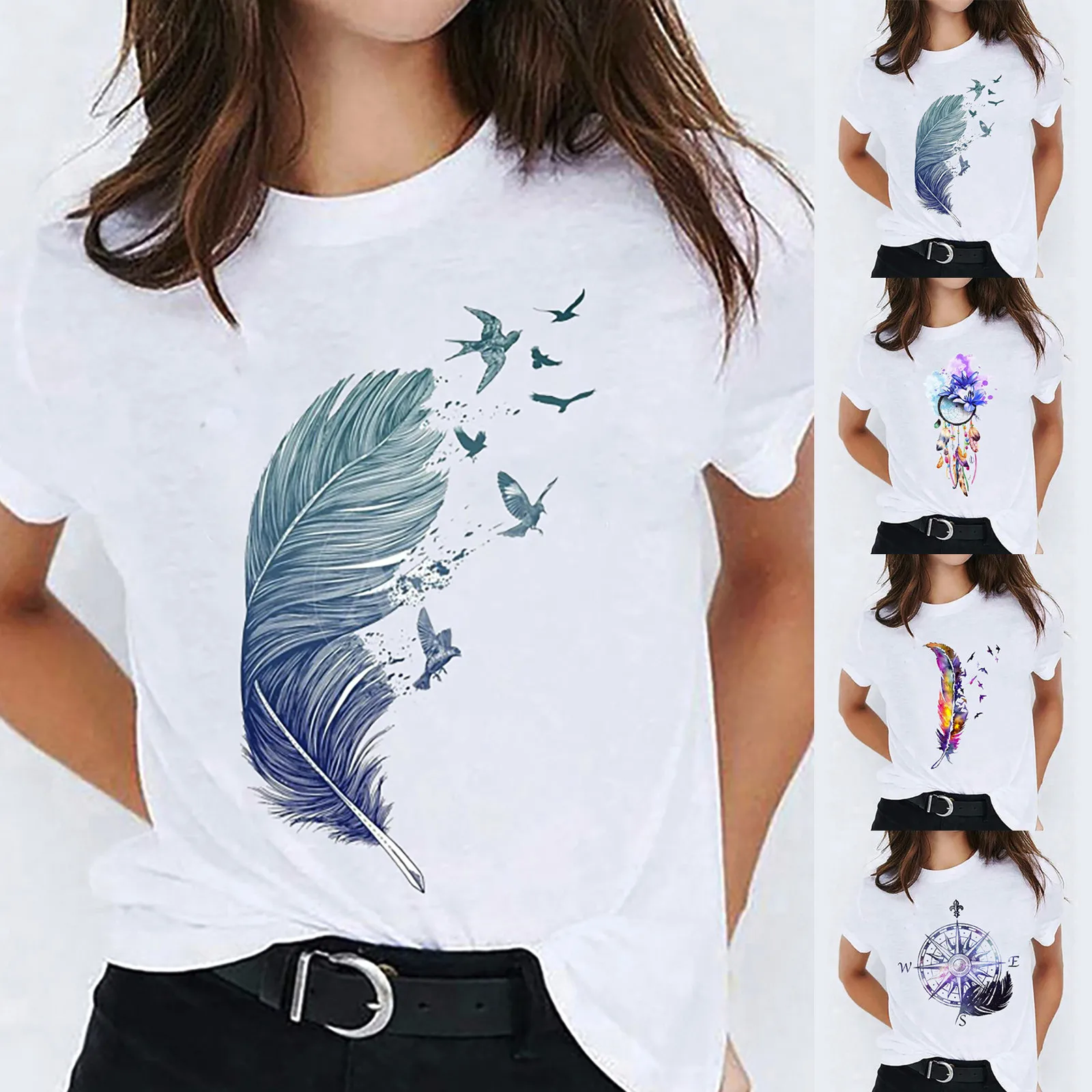 

Женская футболка с принтом перьев, Повседневная Свободная эластичная футболка с круглым вырезом и коротким рукавом, в стиле Харадзюку, лето...