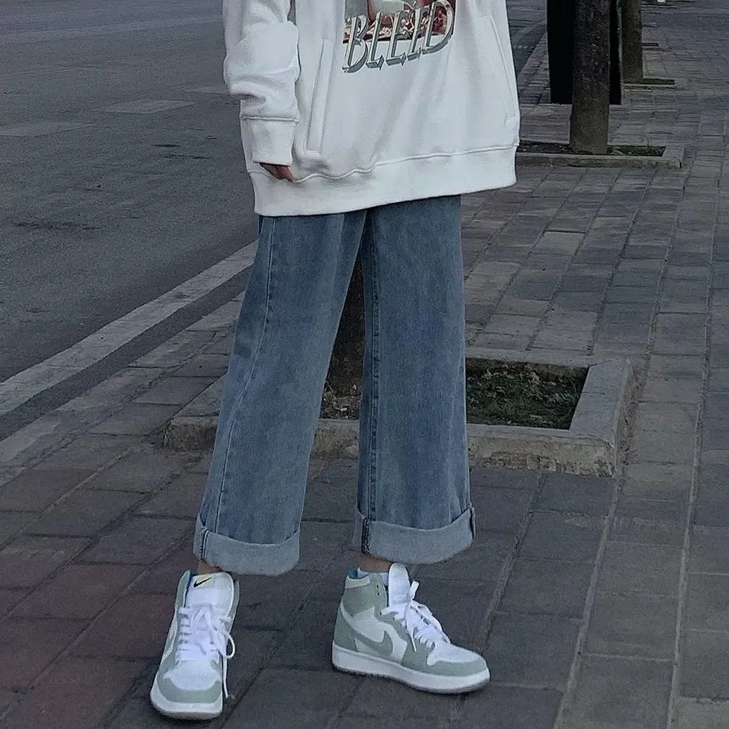 

High-waisted wide-leg jeans women loose new wild straight leg pants ripped jeans women cowboy women pants