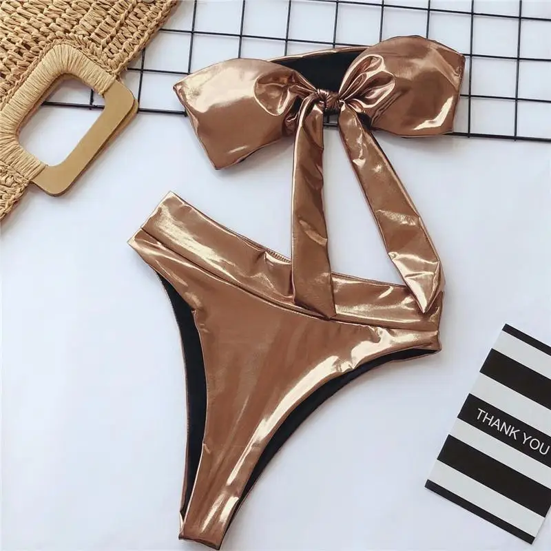 Turmeric High waist bikini 2019 Bandeau swimsuit female knot swimwear bathing suit golden set push up biquini high cut |