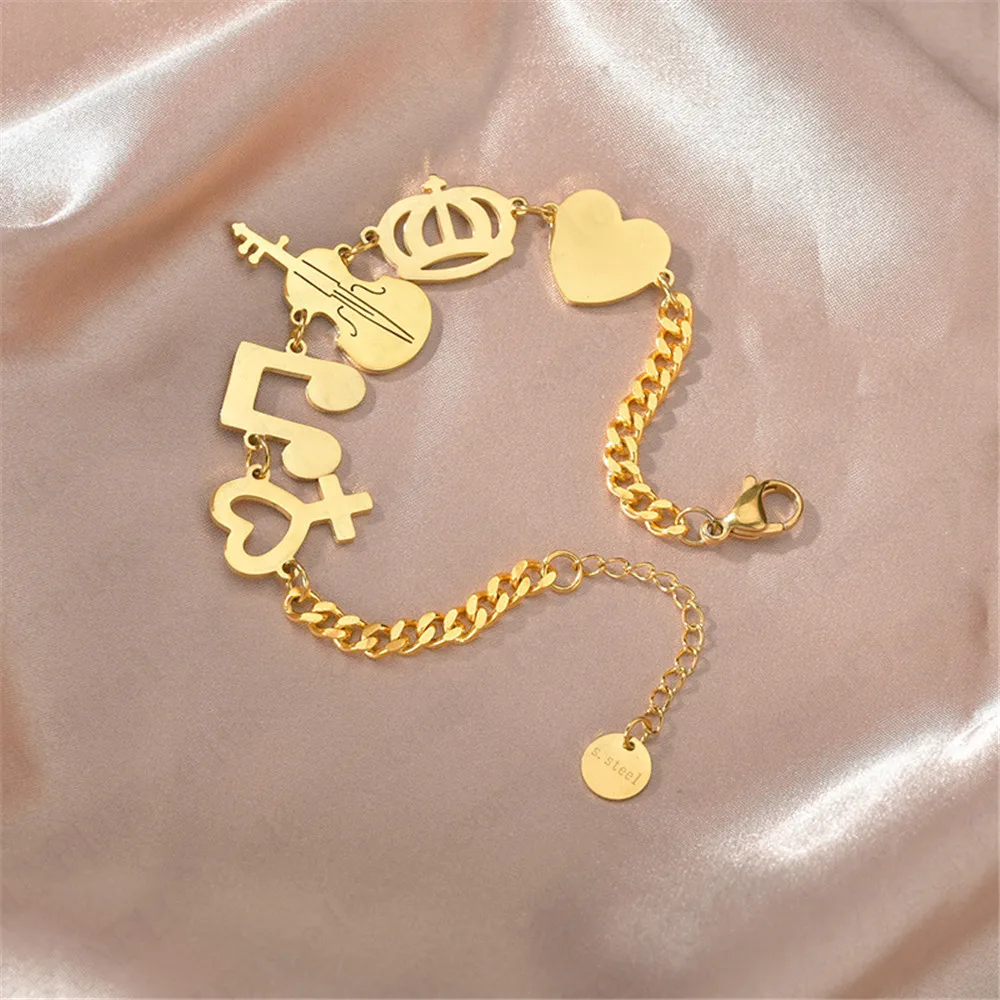 New Fashion Music Element Symbol Crown Violin Stainless Steel Charm Pendant Bracelet Female Link Chain Gold Color Heart | Украшения и