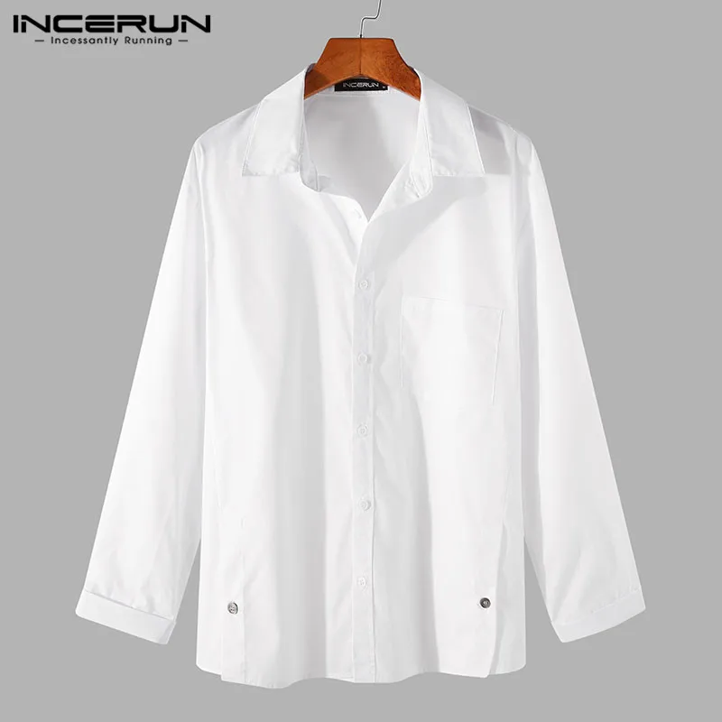 

Men Solid Color Long Sleeve Shirts INCERUN Leisure Turn Down Collar Blouse Spring Casual Buttons Chemise Man Loose Pocket Camisa