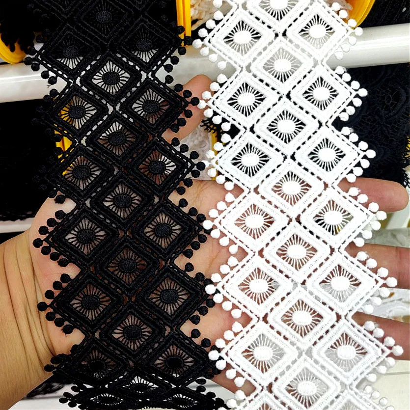

Pom Pom Embroidered Lace Fabric 75 mm Wide Black White Hollow Out Lace DIY Webbing Sewing For Dress Clothing Decoration