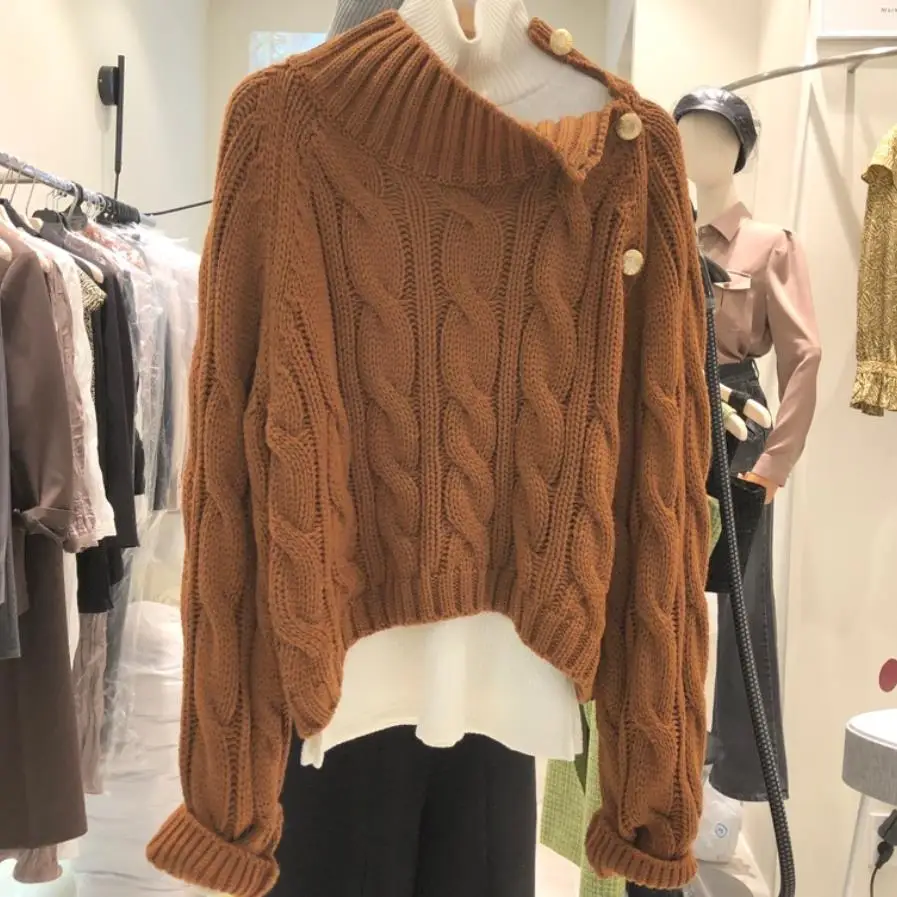 

Turtleneck diagonal buckle twist knitted sweater women winter casual loose sweater pullovers