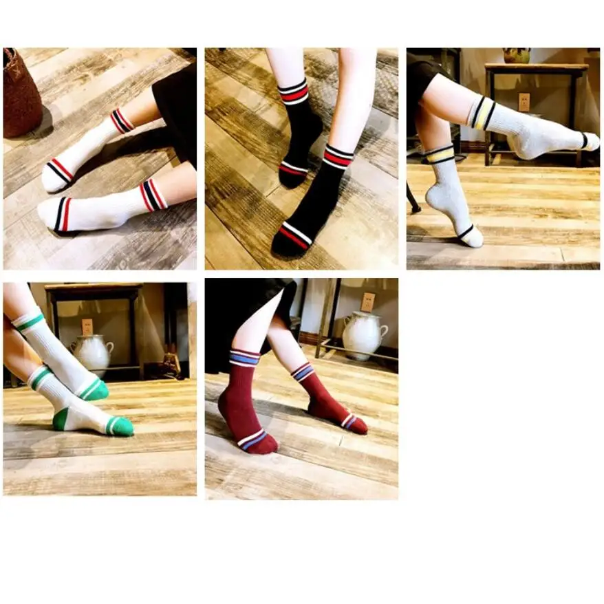 Woman Solid Cotton Socks Striped Cuff Girls Stripes White Sport Socks Warm Thick Winter Short Sock Ankle Socks 5 Pairs/ lot