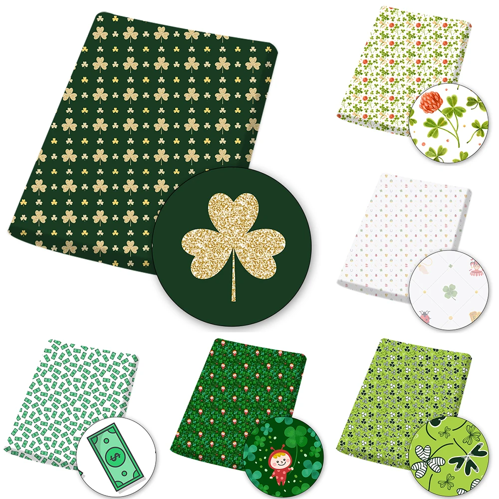 

St. Patrick's Day Polyester Cotton Fabric By The Meter Green Clover Printed Cloth Sheet For Sewing Dress DIY Crafts 45*145cm 1pc
