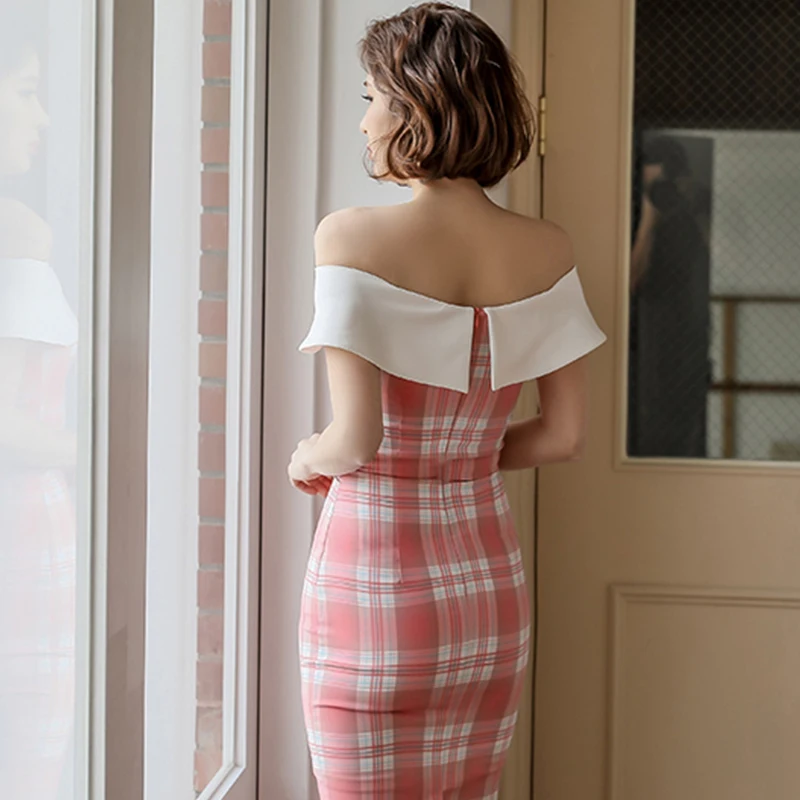 H Han Queen Office Lady Summer Dress Slash neck Plaid Occupation High Waist Sheath Vestidos Elegant Slim Pencil Women New | Женская