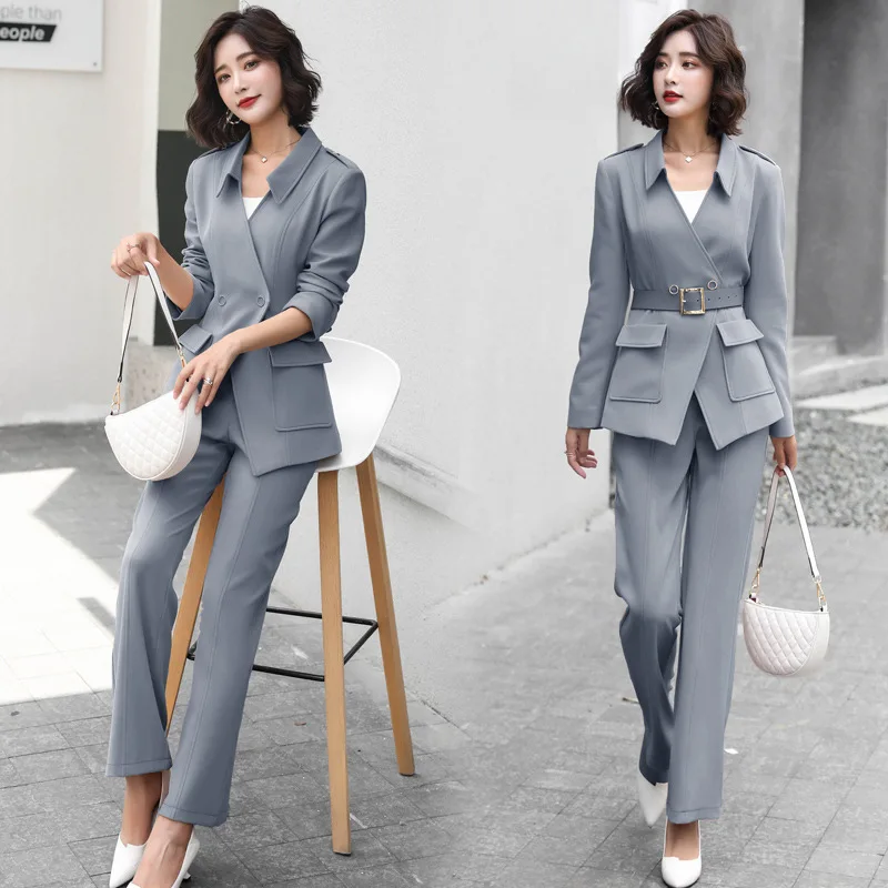 

21 spring and autumn blazer + pant two peice set women double breasted suit jacket high waist pants long-sleeve pant suits