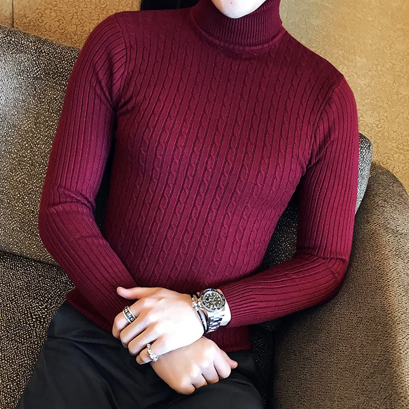 

2021 корейский Тонкий Однотонный свитер с воротником «хомут», мужской зимний теплый вязаный свитер с длинным рукавом, Классическая однотонна...