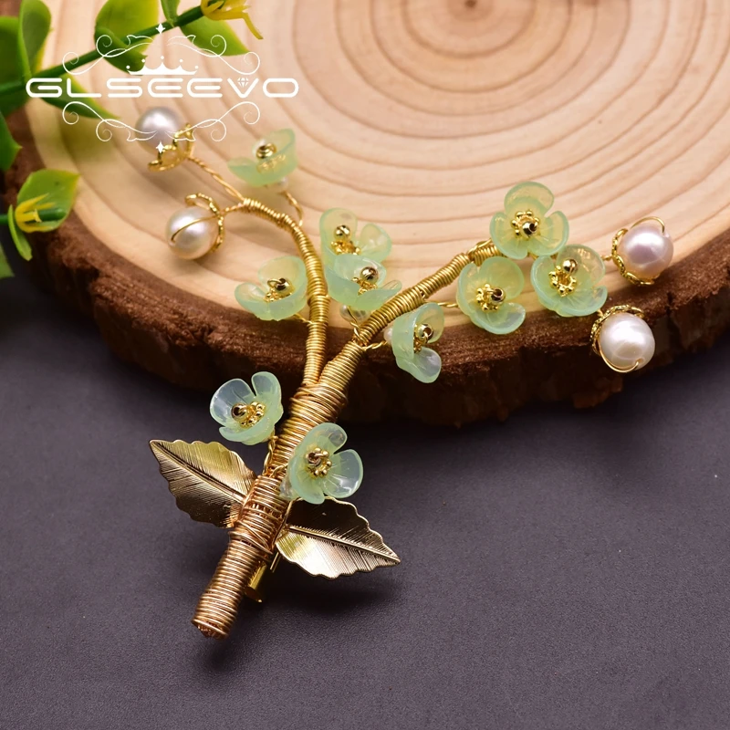 

GLSEEVO Natural Pearl Resin Flower Handmade Tree Brooch For Women Party Beautiful Brooches Broche Femme Bijoux Jewelry GO0336