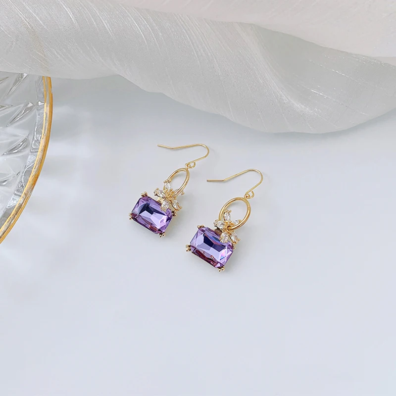 

Trendy Exquisite 14k Real Gold Amethyst Square Drop Earrings for Women High Quality Jewelry Bling AAA Zircon S925 Silver Needle