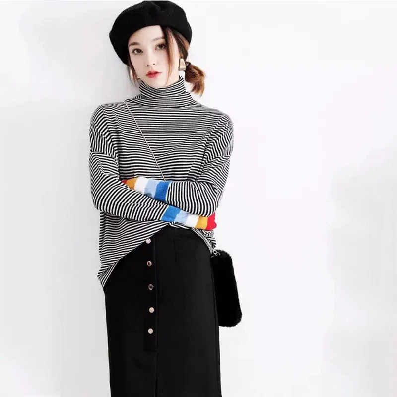 Женский вязаный свитер в радужную полоску шерстяной пуловер большого размера с