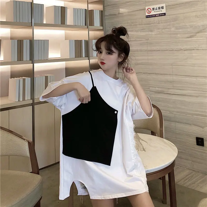 

Spring 2021 New Design Sense Color Contrast Splicing Short Sleeve T-shirt Women's Irregular Medium Length Top