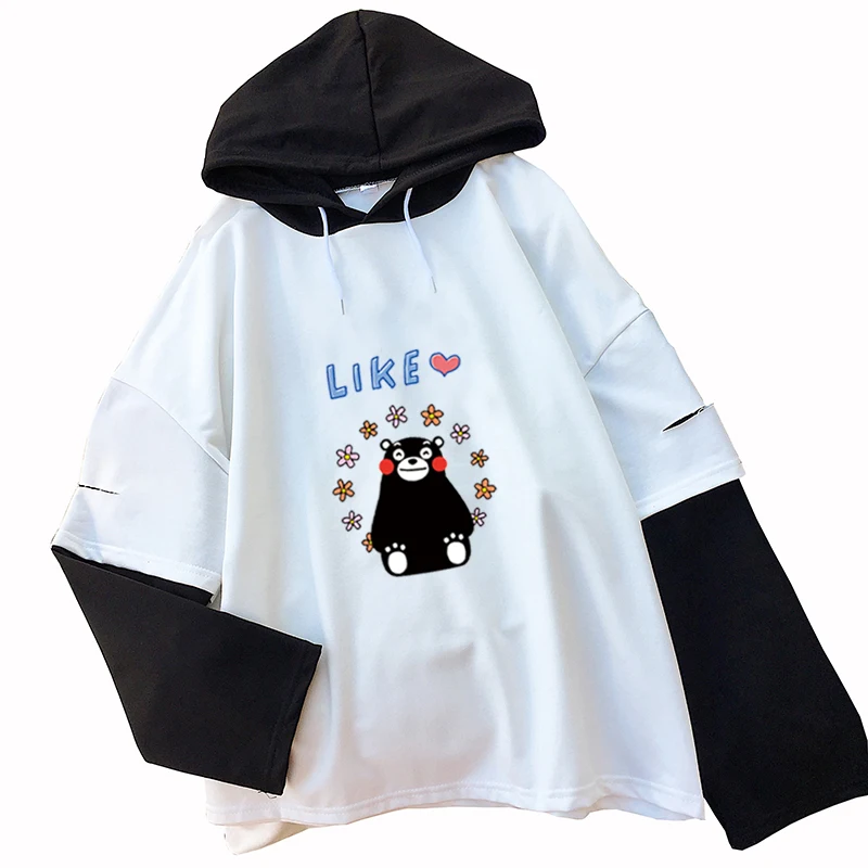 

y2k Women's Hooded Sweatshirts False 2Pcs Splicing Loose Cute Kumamon Cartoon Print Blouse Harajuku Kawaii Hoodies Woman Clothes