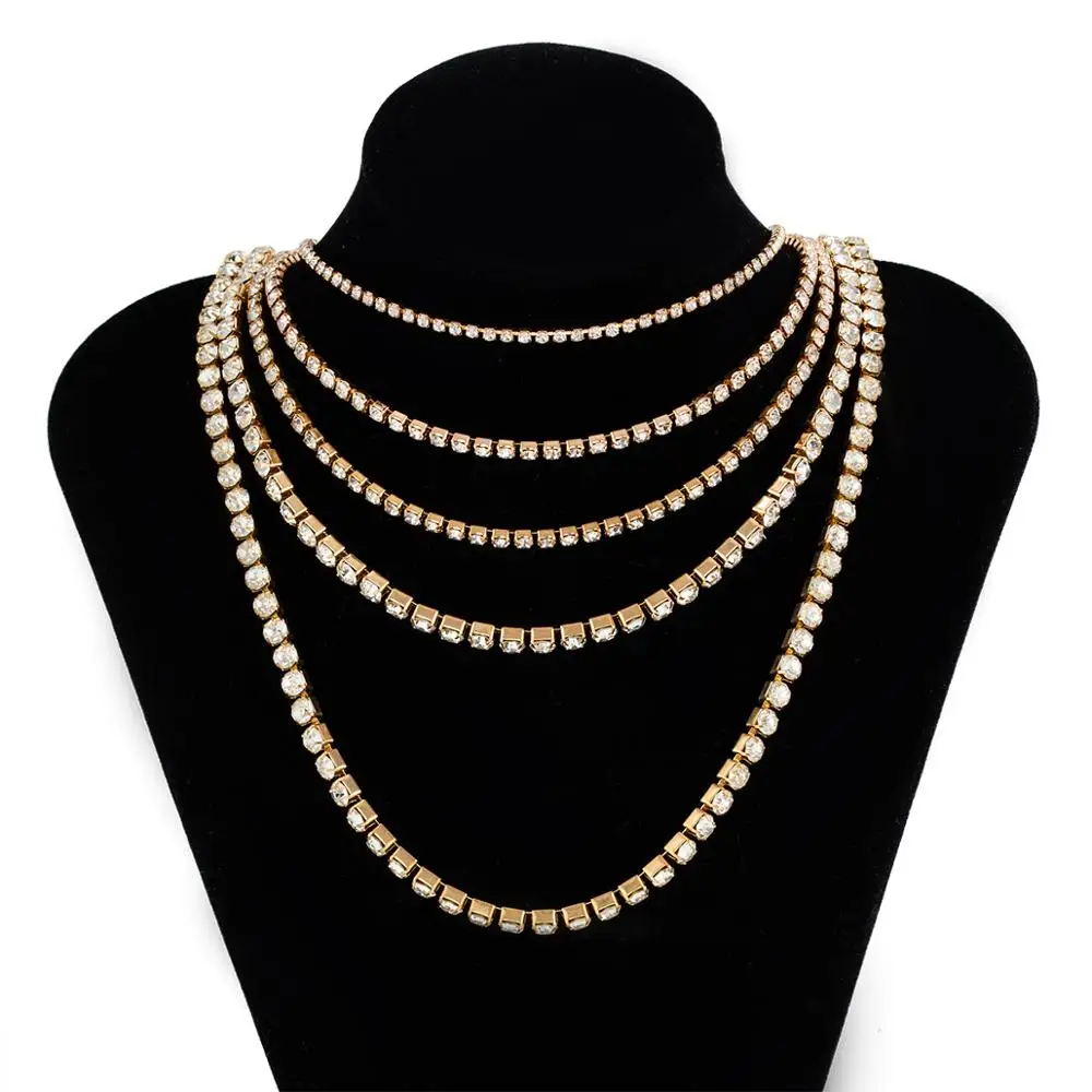 

IngeSight.Z 5Pcs/Set High Quality Rhinestone Chain Choker Necklaces Multi Layered Stylish Shiny Crystal Long Necklaces Jewelry