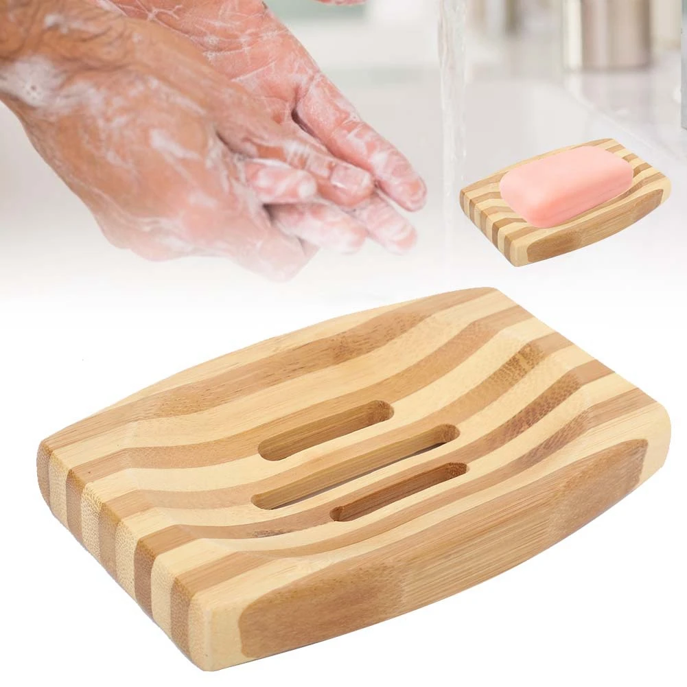 

1PC Natural Bamboo Wood Bathroom Drain Soap Dish Storage Tray Holder Plate Stripe Style Soap Tray Bathroom Supplies