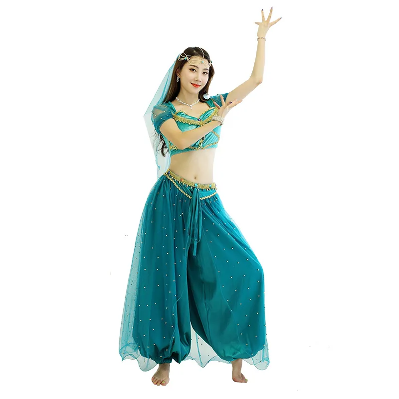 

Belly Dance Princess Costume Jasmine Aladdin Halloween Outfit Princess Teal For Women Children Girls Top Pants Veils Bollywood