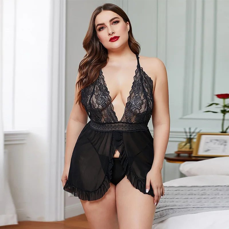 

Shiying European and American large size fun dress Sexy Lace Ruffle 200 Jin women's fun Pajama suit