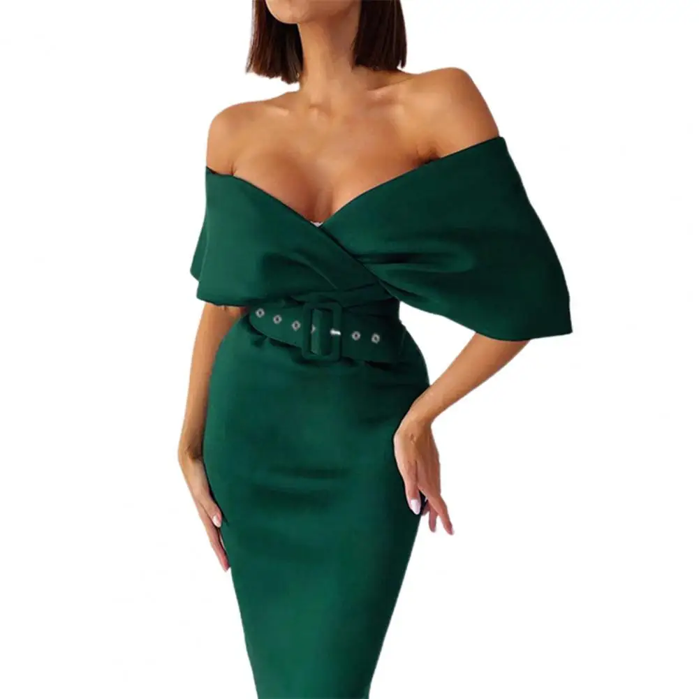 

Women Dress Off Shoulder V Neck Drop-shoulder Sleeve Solid Color Elegant Office Lady Party Dress Banquet Vestidos
