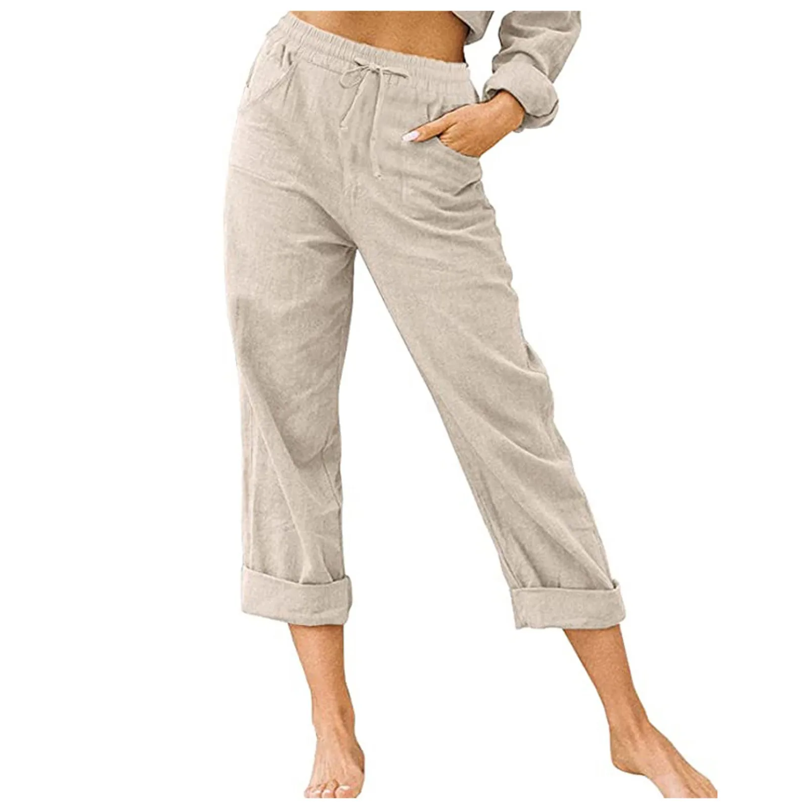 

Women's Solid Color Pants High Waist Pants Cotton And Linen Casual Cropped Trousers Simple Daily Comfy Pants Pantalones De Mujer