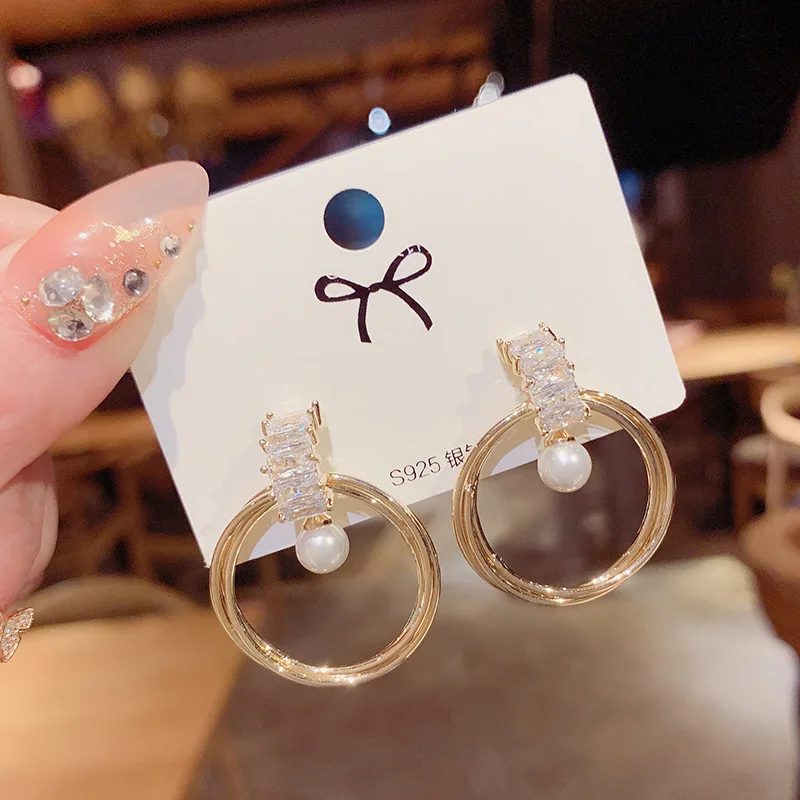

New Fashion Luxury Cubic Zirconia Jewelry Gold Color Sparkling Big Geometry Zircon Crystal Stud Earrings For Women Wedding Gift