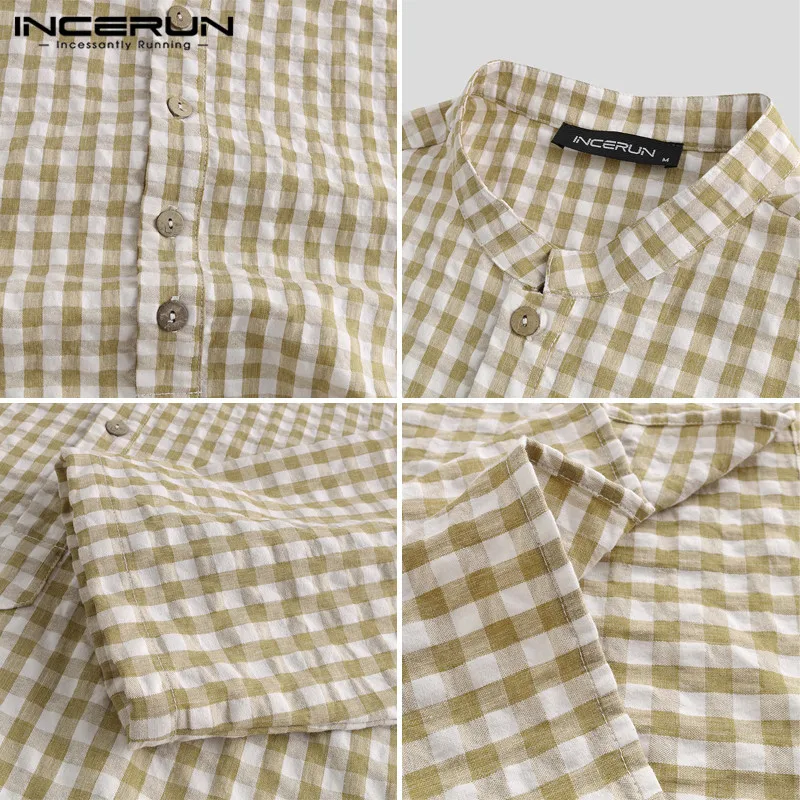 

INCERUN Indian Clothes Men Long Shirts Vintage Plaid Shirt Man Casual Long Sleeve Stand Collar Robes Loose Muslim Kurta Blouse