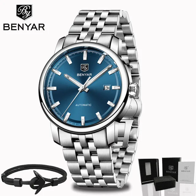 Silver Blue Box Gift Новинка, BENYAR, Мужские автоматические механические часы, мужские часы, Топ бренд, Роскошные мужские часы, военные наручные часы, Relogio Masculino - Цвет: Silver Blue Box Gift