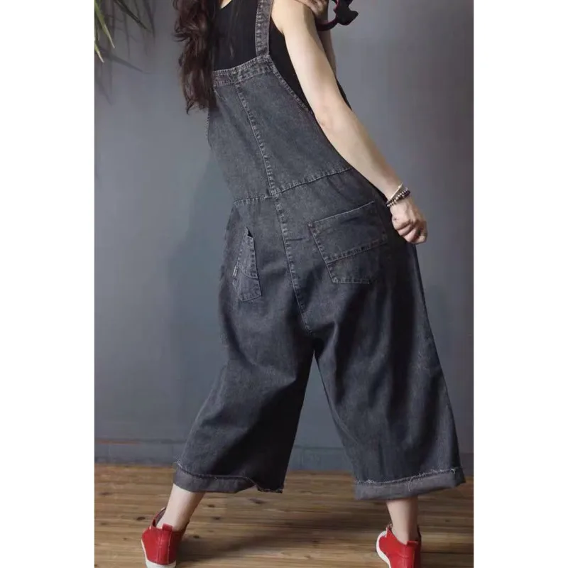 

[EWQ] 2021 Spring Autumn New High Street Large Size Patchwork Fashion Slim Wild Loose Long Length Women's Denim Jumpsuit TU046