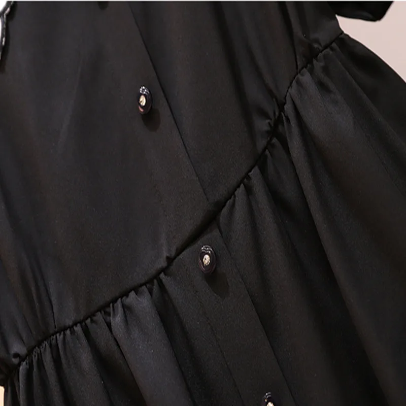 

New Summer Women Dresses Plus Size Retro Turn-Down Collar Patchwork Single Button Slim Short Sleeve Dress For Females One-Piece