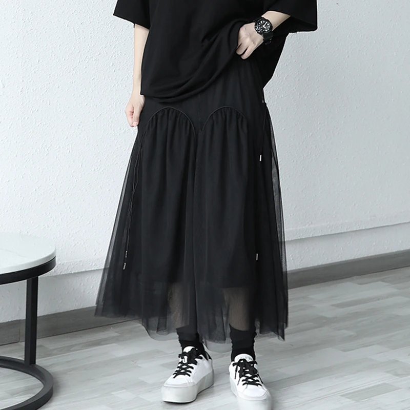 

[EAM] High Elastic Waist Black Mesh Long Temperament Ball Gown Half-body Skirt Women Fashion Tide New Spring Autumn 2021 1DD7029