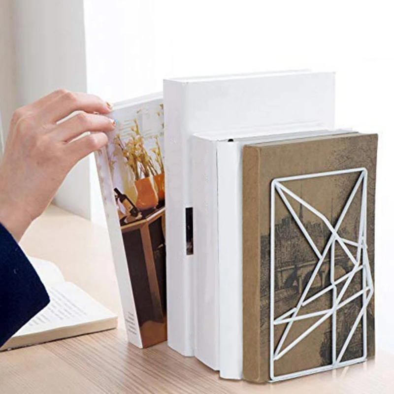 

1 Pair/2 Pieces White Bookends Decorative Metal Book Ends Supports for Shelves Unique Geometric Design