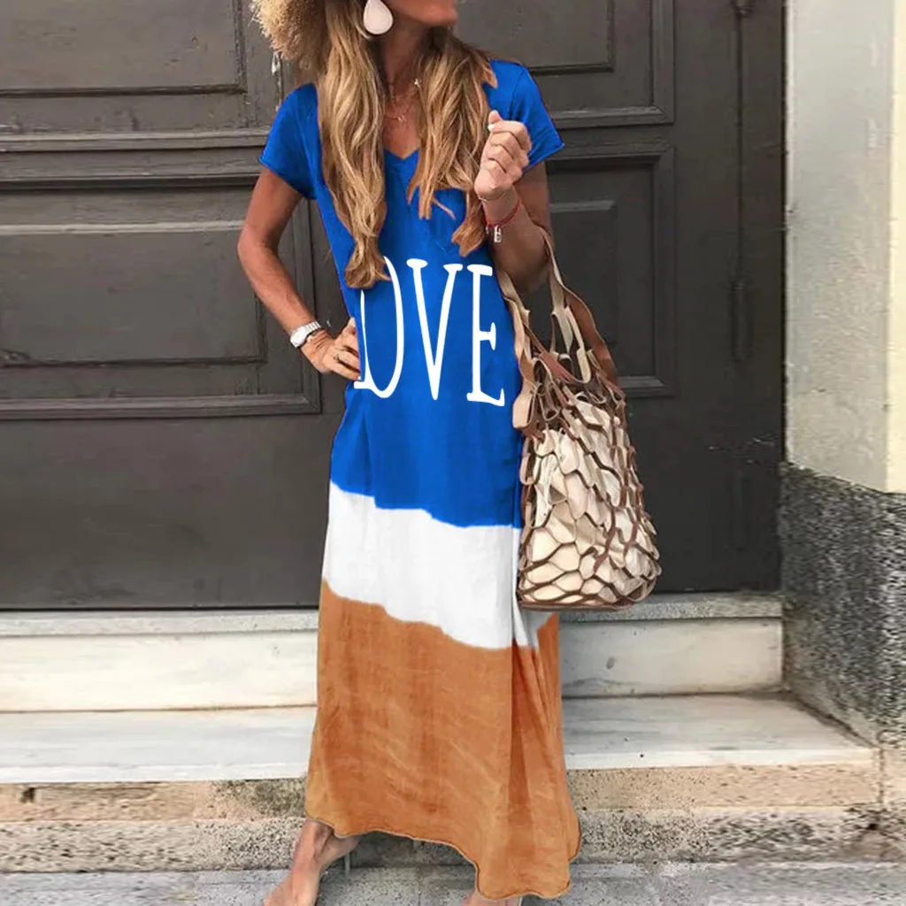 Women Plus Size Maxi Dress Daily Tie-dyed Color Block Loose V Neck Short Sleeve long dress bayan elbise #js5