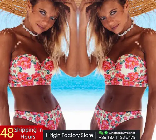 

Hirigin Floral Bikini Set Strapless Women Swimwear Push Up Padded Bra Swimsuit Summer Women Bathing Suit Flower Beachwear