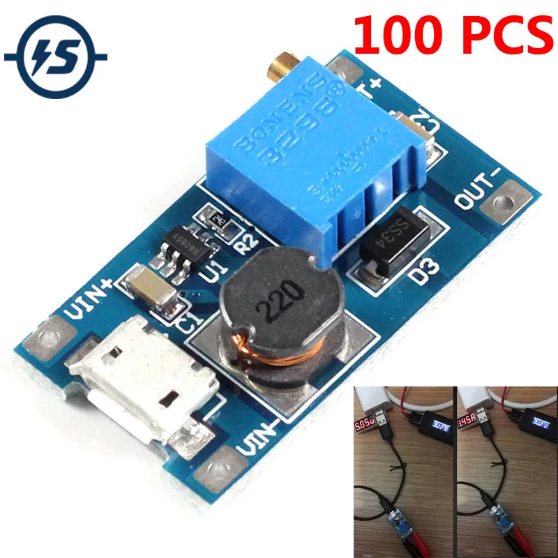 100 шт./лот повышающий преобразователь постоянного тока с MT3608 Mico USB DC 2V 24V до 5V 28V 2A