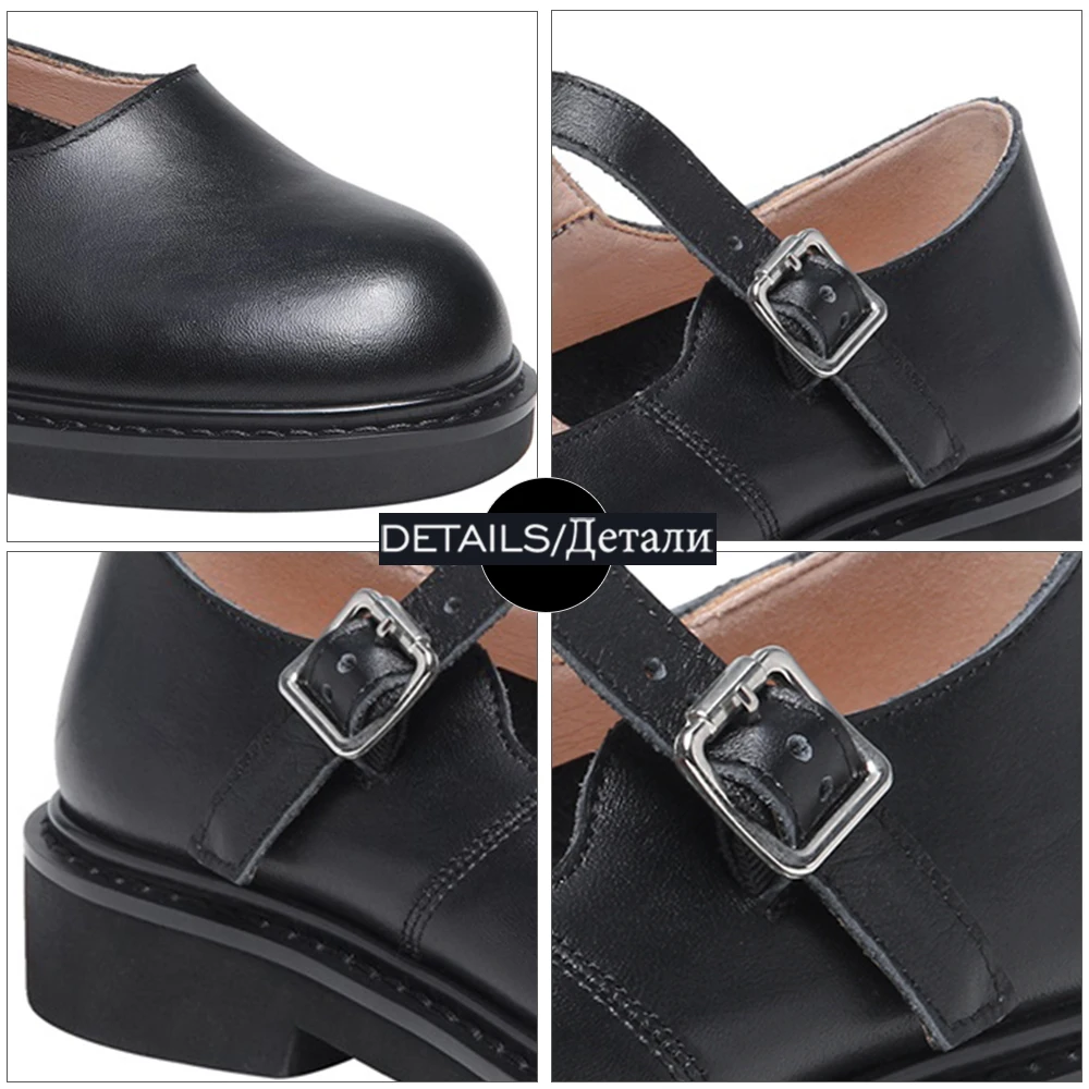 

ISNOM New Mary Janes Shoes Woman Genuine Leather Flats Women Round Toe School Ladies Shoes Dress Sweet Girls Flats Platform