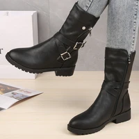 2021 mid calf boots plus size 43 women buckle goth boots female low square heel zipper leather flat shoes red black grey boots