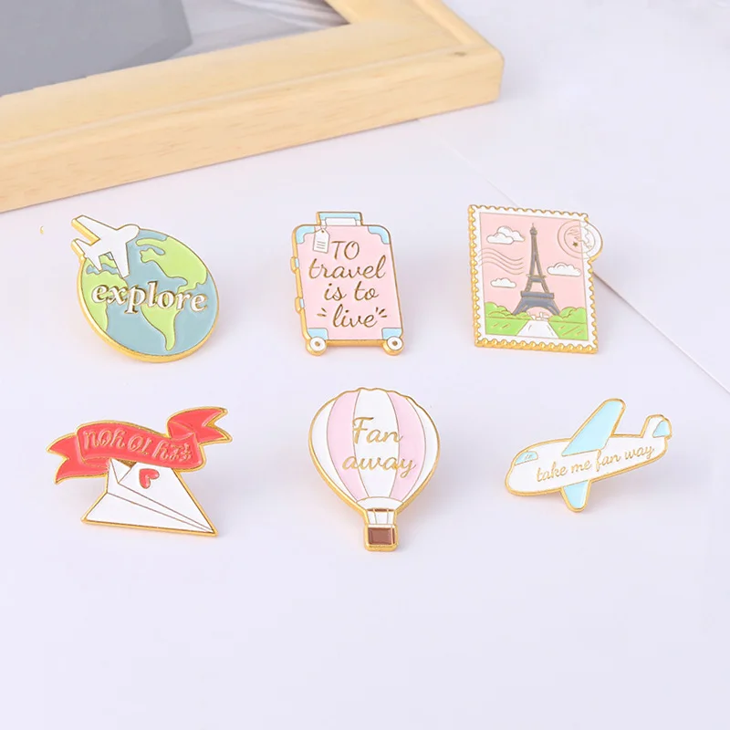 

Travel Airplane Balloon Suitcase Alloy Brooch Bag Clothes Backpack Lapel Enamel Pin Badges Cartoon Jewelry Gift For Friend