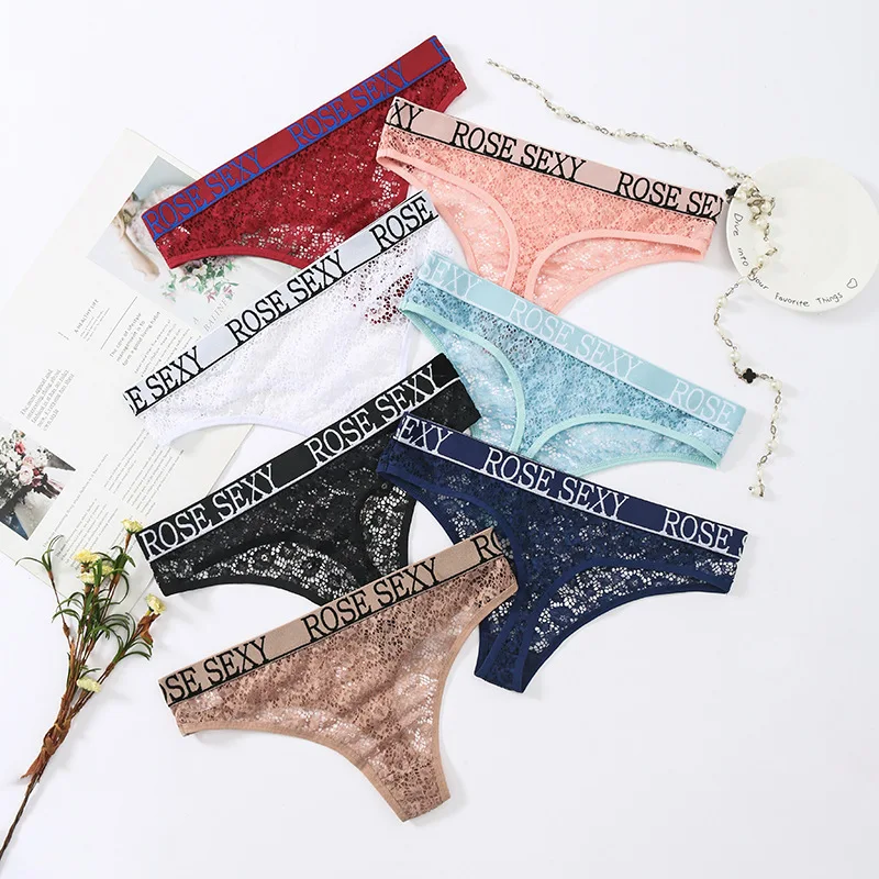 

5Pack Floral Lace Thong Letter Tape Panty Set ROSE Sexy Lingerie Women's See-through Short Panties 2XL-S