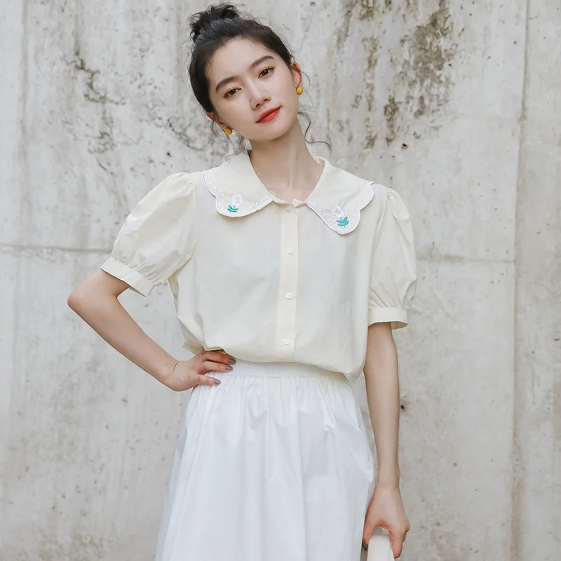 Рубашки для женщин в Корейском стиле ретро с цветочной вышивкой кукольный