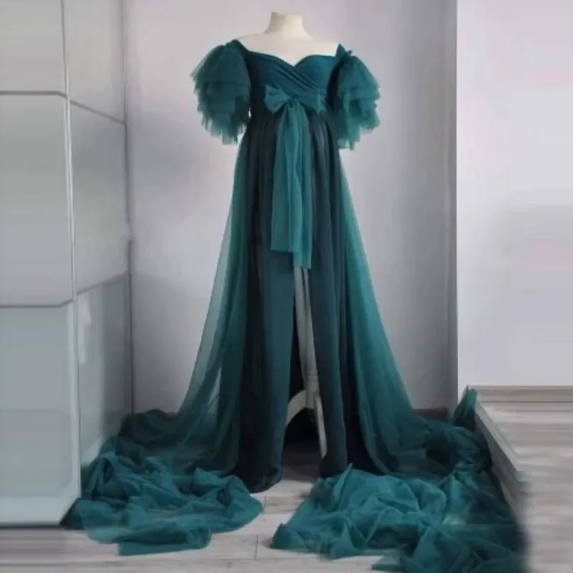

Emerald Green Tulle Maternity Dress Short Sleeves Pleated Bow Long Length Fluffy Custom Photo Shoot Prom Dresses Baby Shower