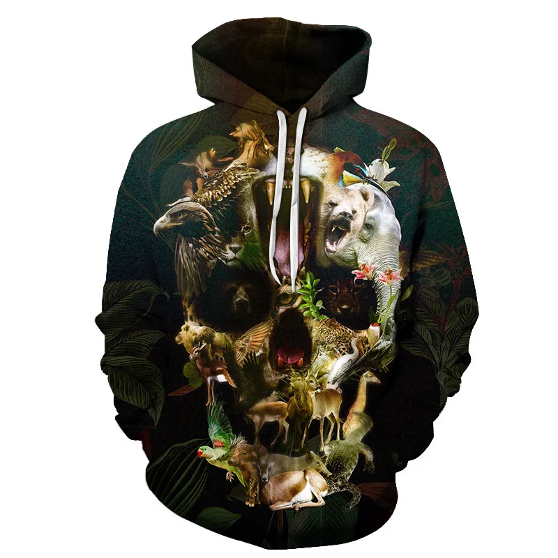

2021 European style new 3D printing loose and comfortable hooded pullover skull 3D personality casual fashion hooded sweatshirt