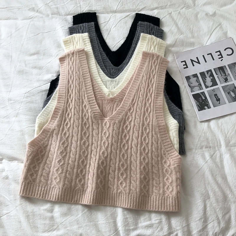 

High Street Sweet Style Korean V Neck Sweater Vest Women New Autumn Lazy Wind Sleeveless Knitted Waistcoat Female Chic Cute Tops