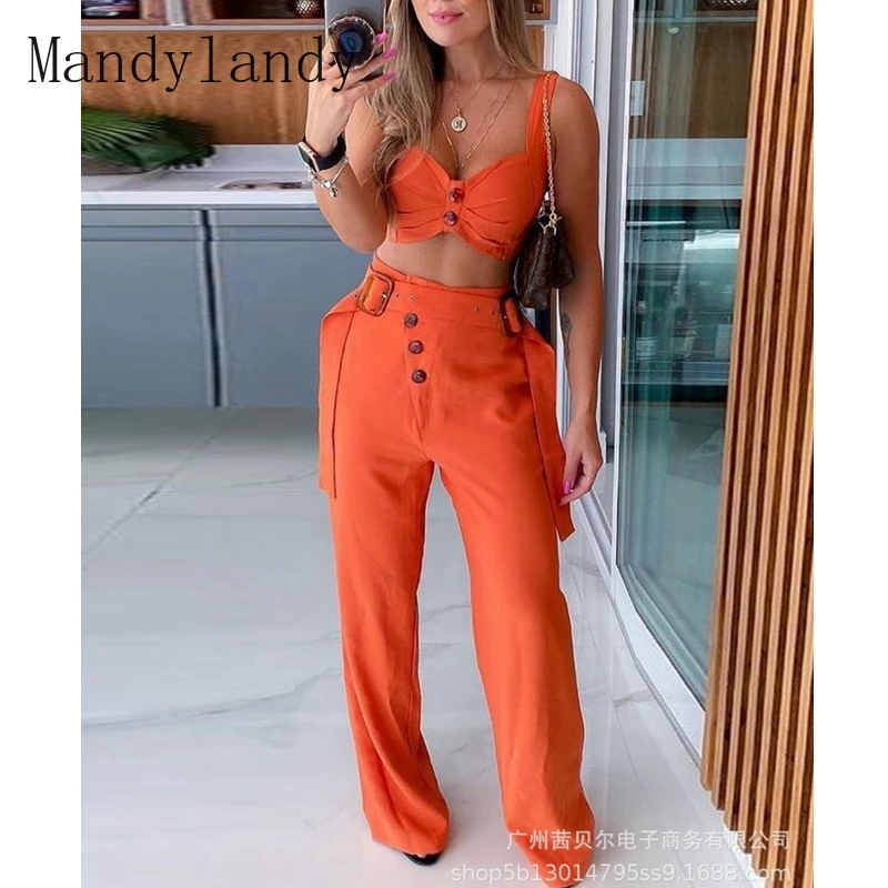 Mandylandy Summer V-neck Spaghetti Strap Top + Lace-up High Waist Wide Leg Pants Suit Womens Sexy Solid Color Slim Buttoned Suit buttoned wide waistband palazzo pants with strap