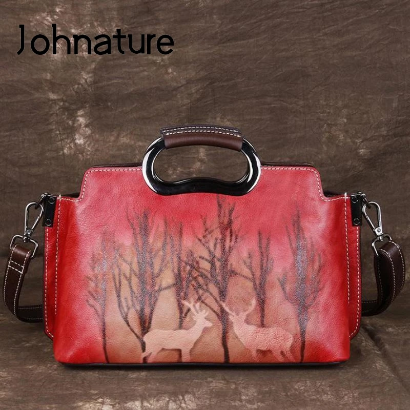 

Johnature First Layer Cow Leather Women Bag 2022 New Retro Hand Painted Shoulder Bags Casual Handbag Female Messenger Bag
