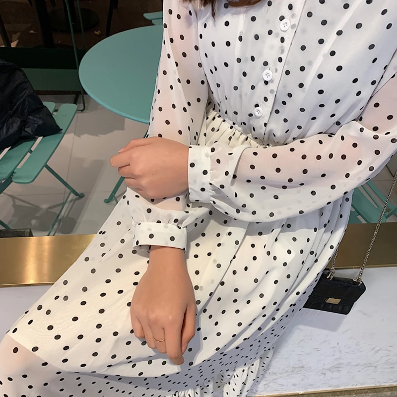 

Nice Two Layers V-neck Dot Printed A-line Women Long Dress Full Sleeve Female Chiffon Dress Nice Elastic Waist Vestidos Female