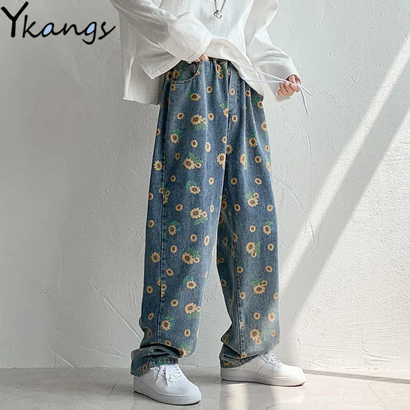 

Plus Size Loose Sunflower Printed Jeans Women Loose Blue Wide Leg Denim Pants Hip Hop High Waist Flower Pattern Joggers Harajuku